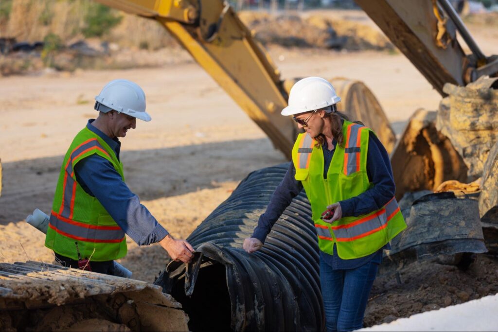 Two construction workers coordinating tasks near Flin Flon project sites.
