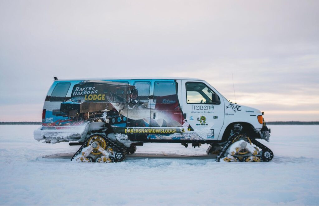 Frozen lake vehicle used for ice fishing transportation