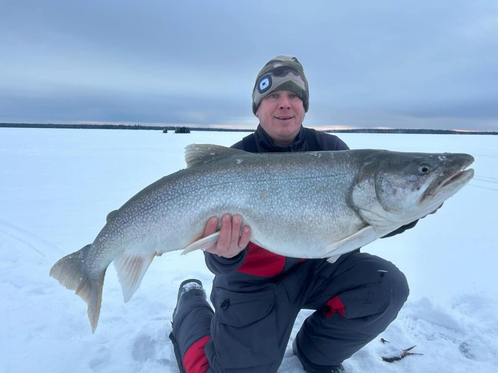 Man holding a large winter-caught fish on Lake Athapapuskow near a Manitoba Ice Fishing Lodge.