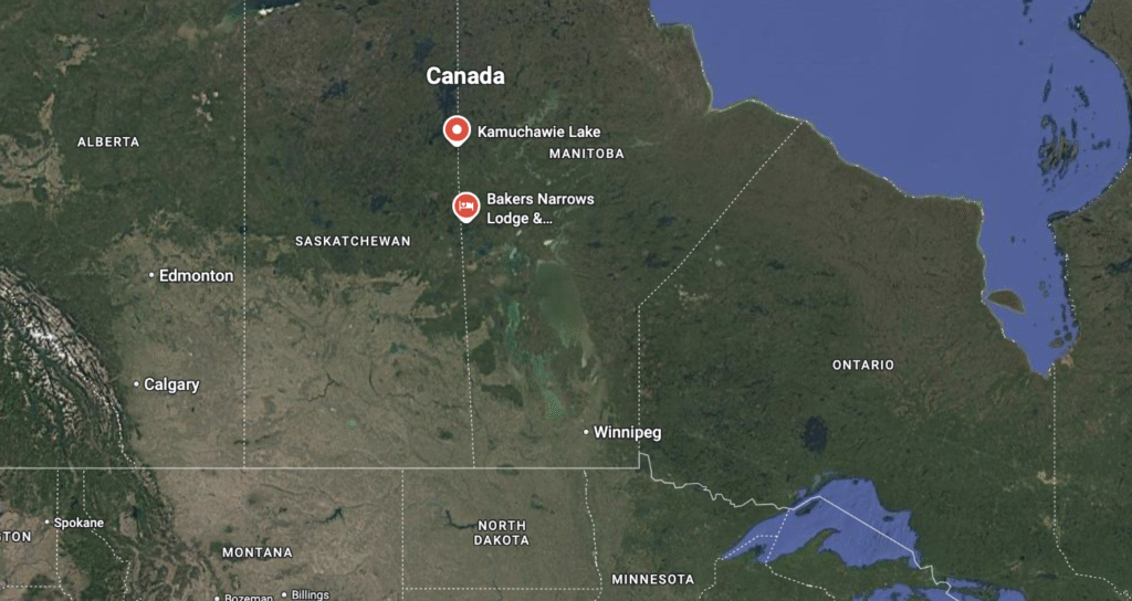 Map showing the strategic location of Bakers Narrows Lodge in Manitoba.