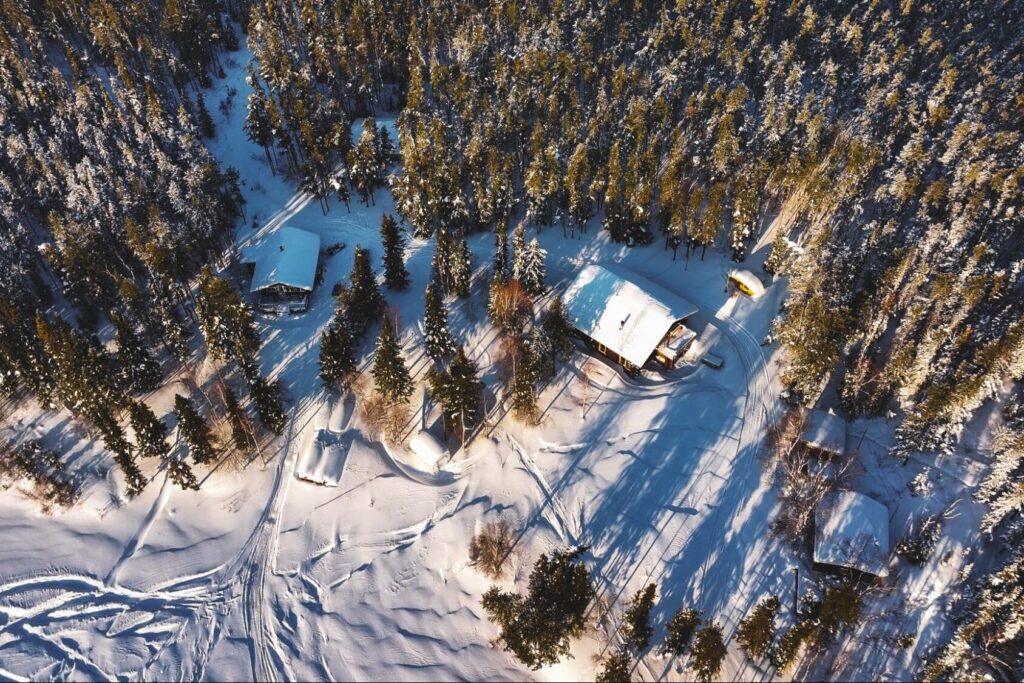 bird's eye view of the Bakers Narrow Lodge Kamuchawie Lake Outpost in the winter