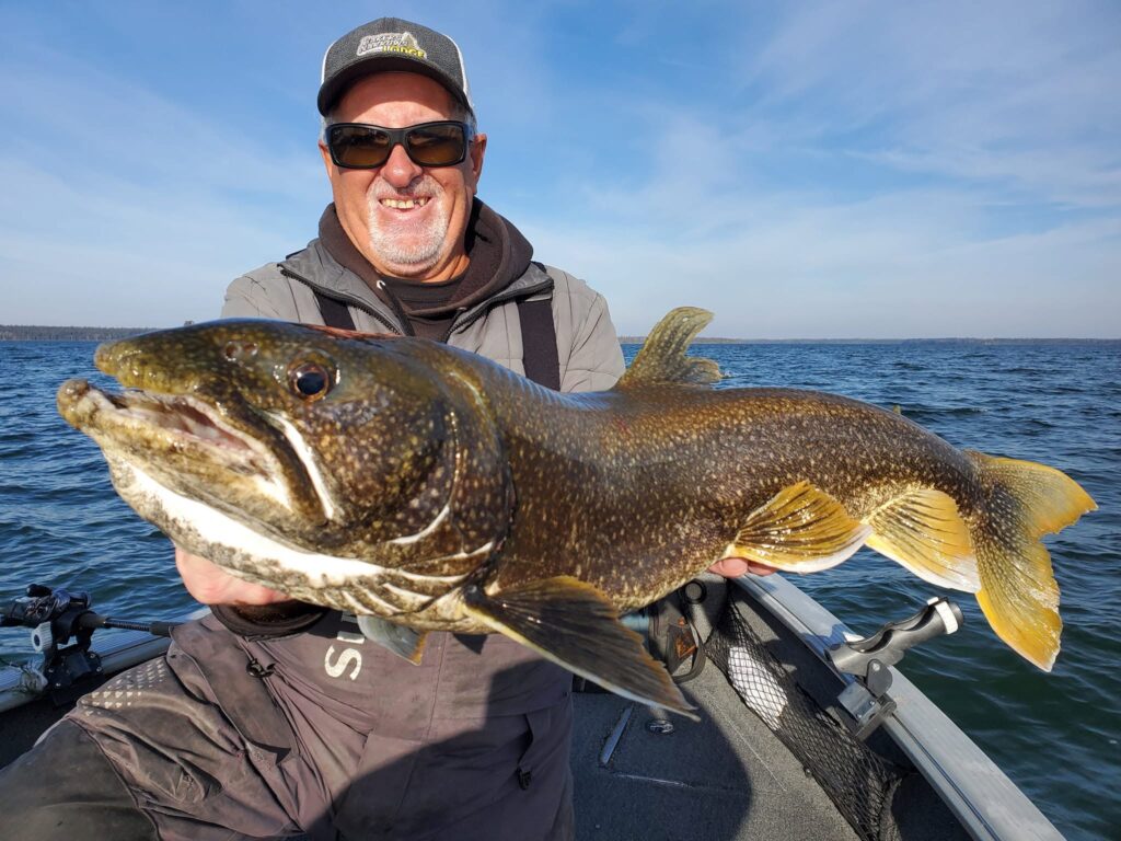 Guide holding a trophy lake trout during fall fishing in Manitoba