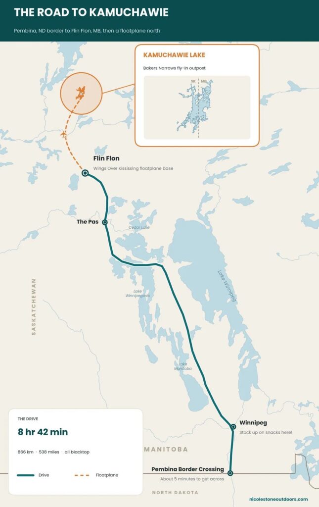 Map of the drive to Bakers Narrows Lodge in Flin Flon, Manitoba, from the Pembina border crossing through Winnipeg and The Pas