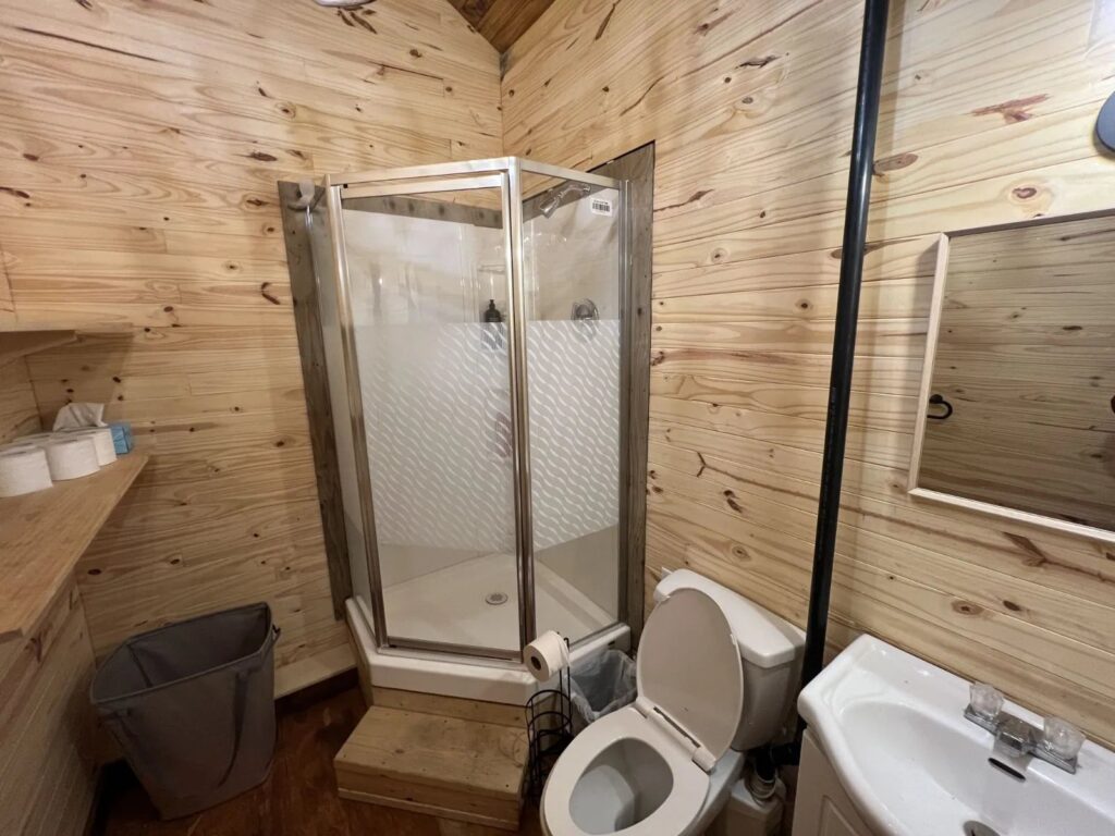 Renovated bathroom with shower at the Bakers Narrows Kamuchawie Lake outpost