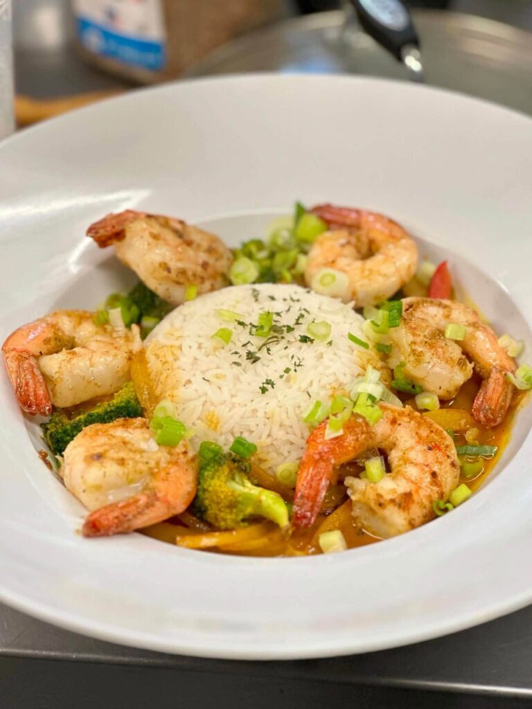 Seasoned shrimp curry with vegetables and rice from the Bakers Narrows Lodge kitchen