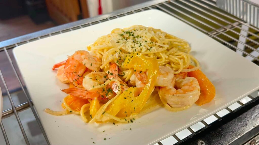 Shrimp pasta in a cream sauce with sweet peppers, prepared by the Bakers Narrows Lodge kitchen