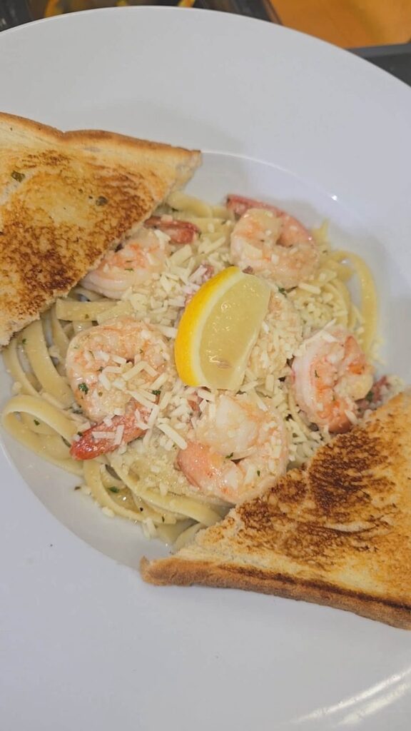Shrimp scampi linguine with lemon and garlic toast from Bakers Narrows Lodge
