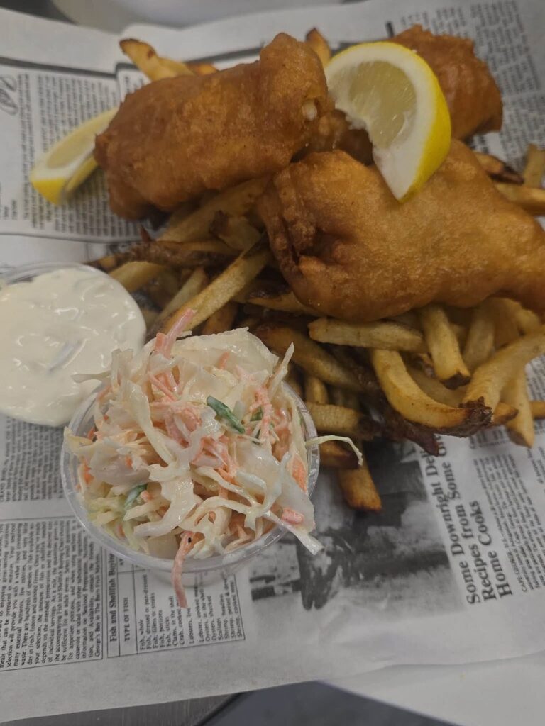 Beer-battered fish and chips with coleslaw and tartar sauce from Bakers Narrows Lodge