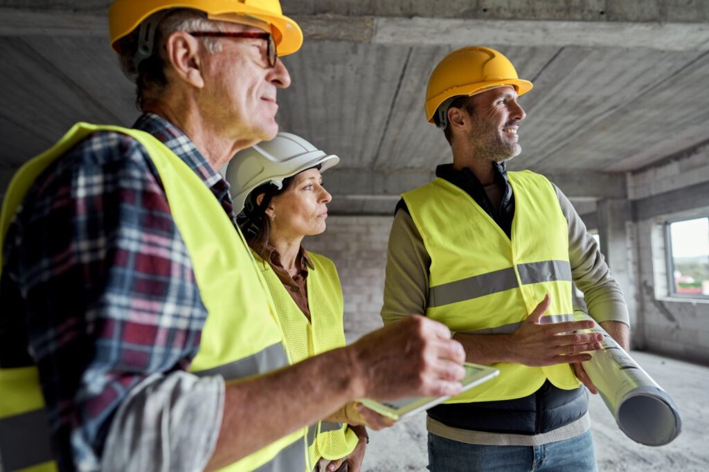 Construction crew in hard hats reviewing plans on a job site near Flin Flon, Manitoba