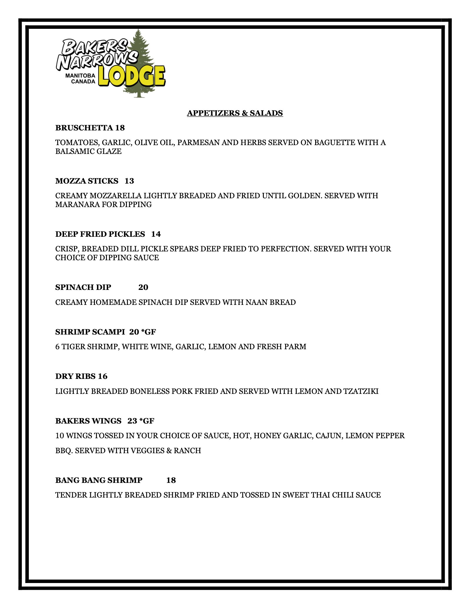 The Club House restaurant menu at Bakers Narrows Lodge near Flin Flon, page 1: Appetizers and Salads