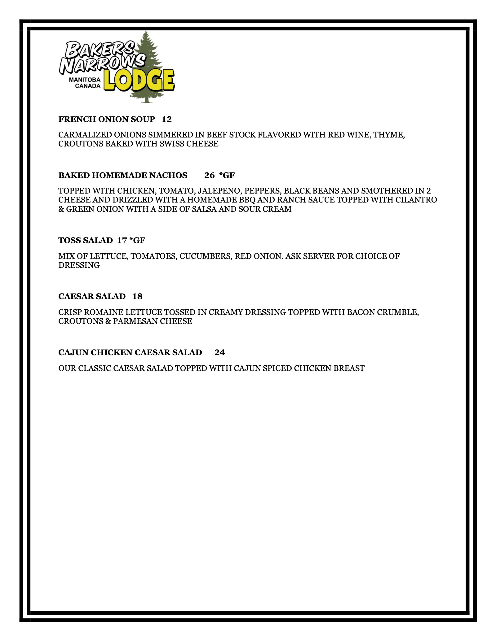 The Club House restaurant menu at Bakers Narrows Lodge near Flin Flon, page 2: Soups, Salads and Nachos