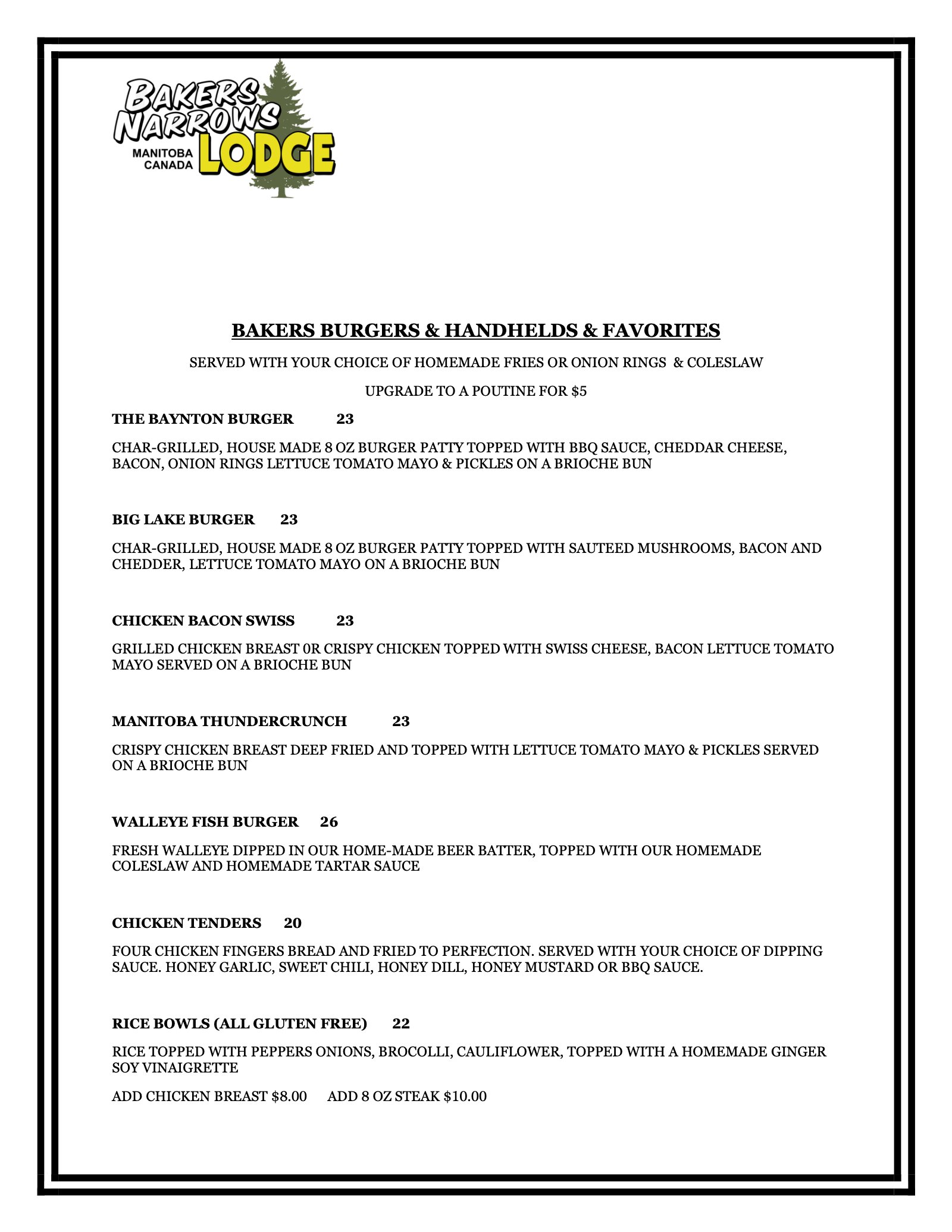 The Club House restaurant menu at Bakers Narrows Lodge near Flin Flon, page 3: Burgers, Handhelds and Favourites