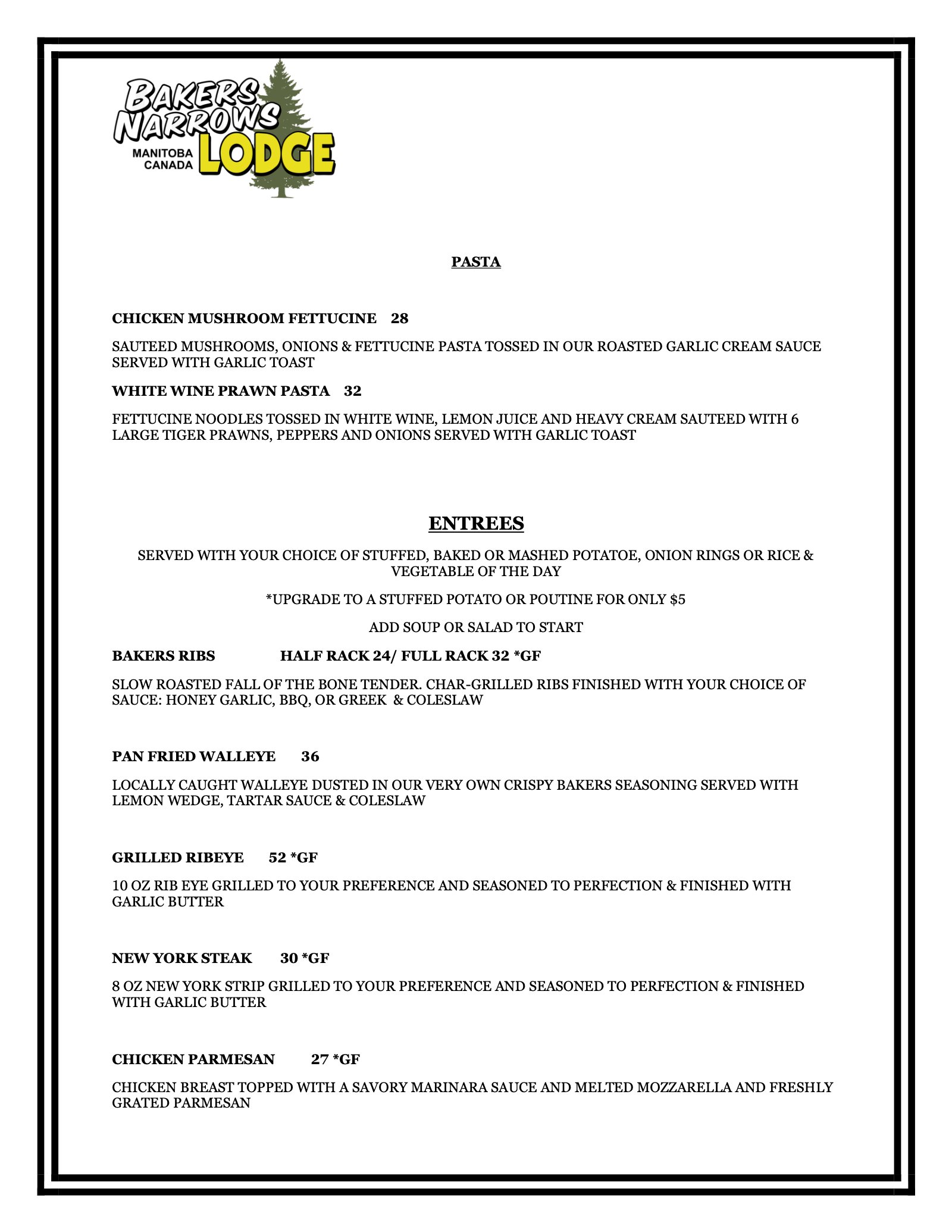 The Club House restaurant menu at Bakers Narrows Lodge near Flin Flon, page 4: Pasta and Entrees