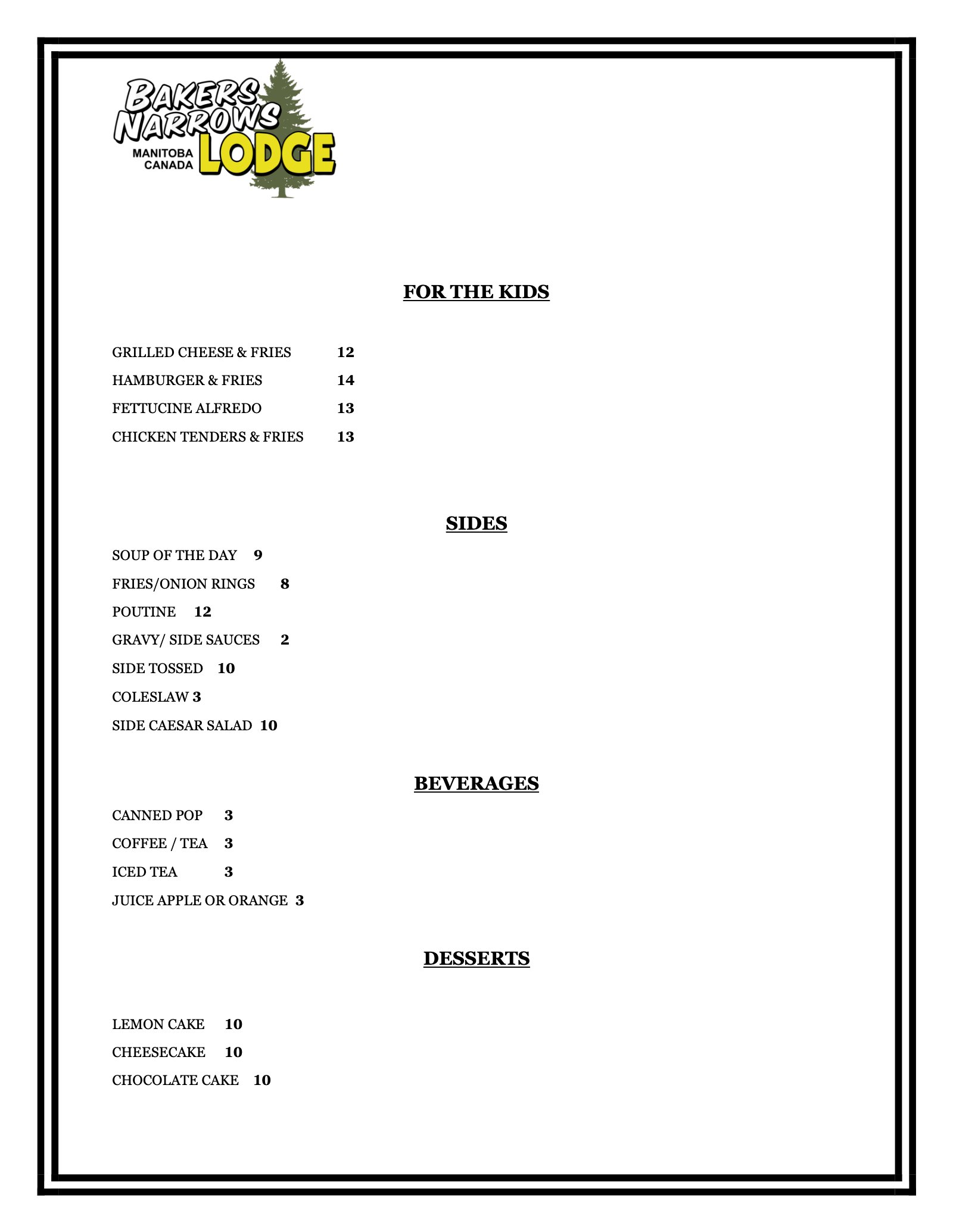 The Club House restaurant menu at Bakers Narrows Lodge near Flin Flon, page 5: Kids Menu, Sides, Beverages and Desserts