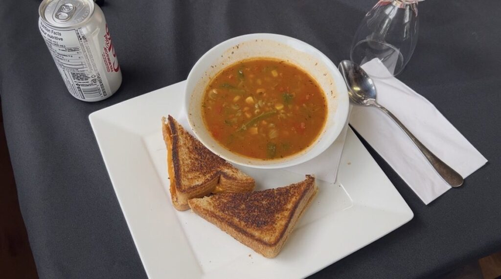 Hot soup and grilled cheese served at the Kamuchawie Lake outpost lodge